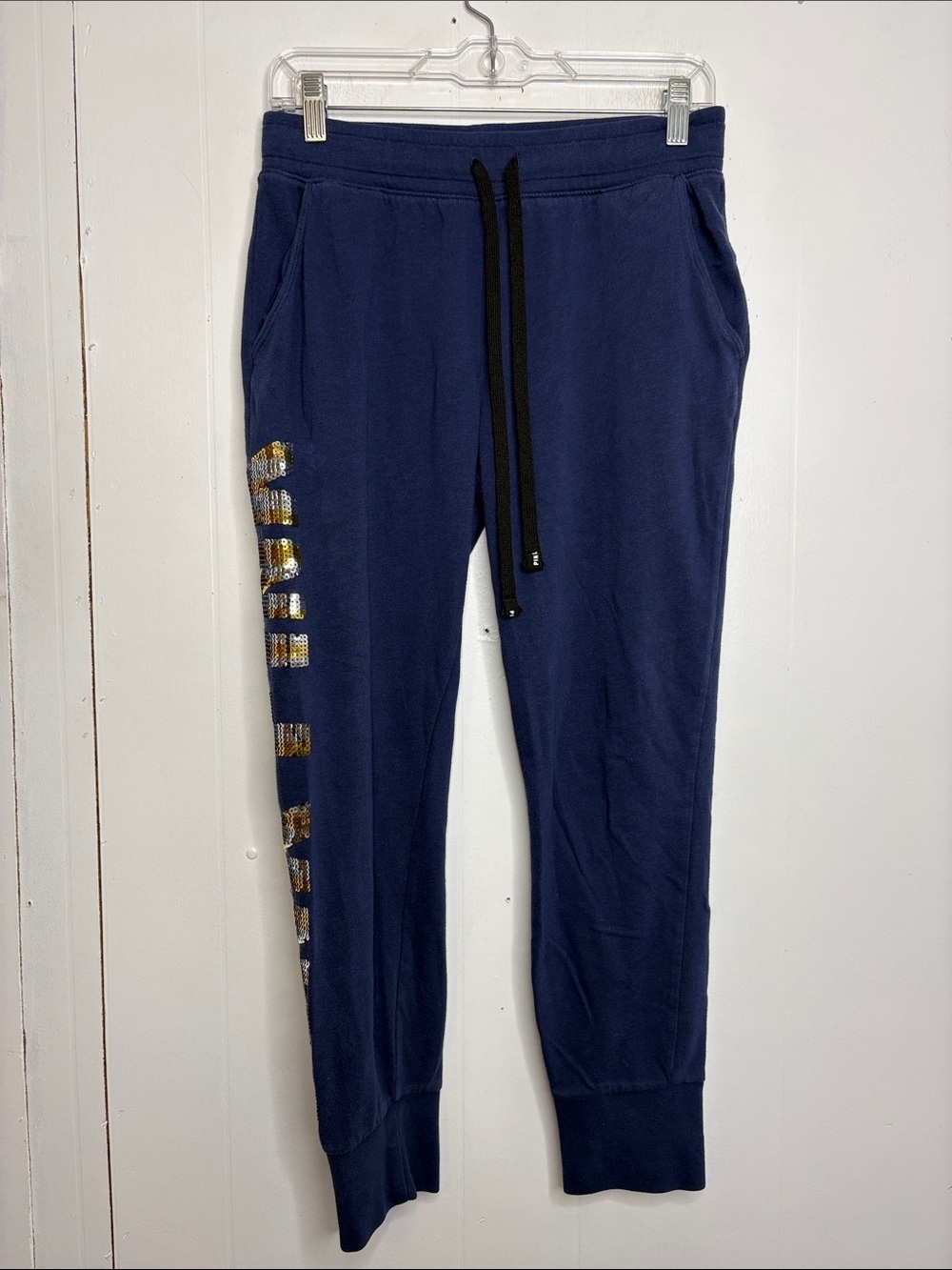 PINK Victorias Secret Pants Womens Medium Navy Jogger Capris Sequin Spellout Y2K